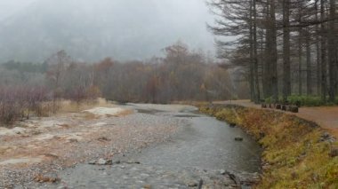 Nagano, Japonya, Kuzey Japonya Alpleri'nde Kamikochi Milli Parkı. Güzel dağ nehir ile sonbahar yaprak