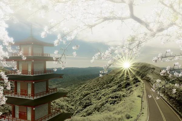 3d rendering of imaging temple with the road along the mountain — Stock Photo, Image