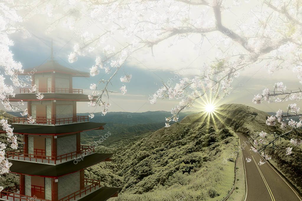 3d rendering of imaging temple with the road along the mountain