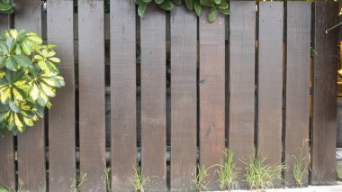 cadde yanında ahşap masa arka planda yeşil yaprakları