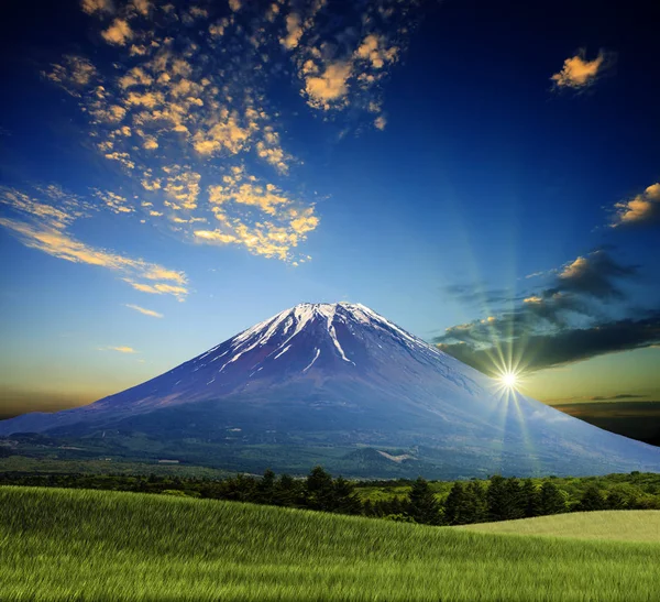 Summer landscape with green grass, mountain and clouds — Stock Photo, Image