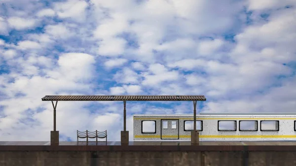 Gyönyörű kis vasútállomás 3D renderelés mellett vonattal — Stock Fotó