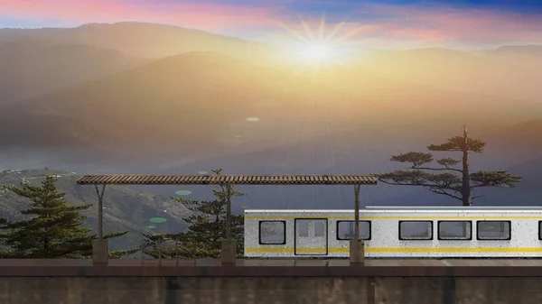 Gyönyörű kis vasútállomás 3D renderelés mellett vonattal — Stock Fotó
