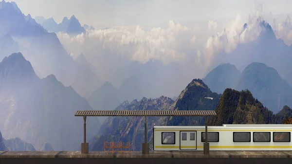 列車横に美しい小さな駅の3Dレンダリング — ストック写真