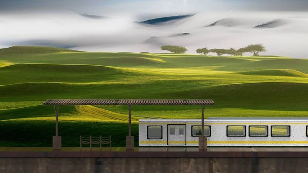 3d rendering of beautiful small train station with train beside — Stock Photo, Image