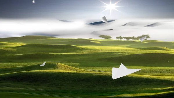3d weergave van papieren vliegtuig vliegen op lucht achtergrond — Stockfoto