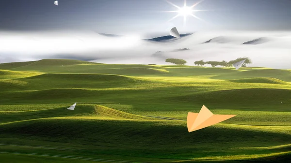 Gökyüzünde uçan kağıt uçağın 3D görüntüsü — Stok fotoğraf