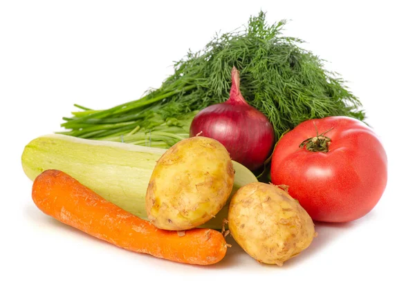 Groene Groenten Courgette Tomaat Aardappelen Een Witte Achtergrond Isolatie — Stockfoto