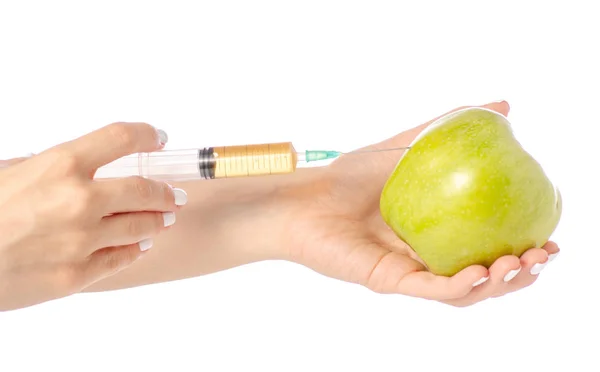 Syringe Hands Apple White Background Isolation — Stock Photo, Image