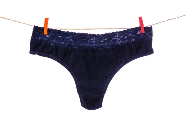 Modrá černá samice kalhotky clothespins lano — Stock fotografie