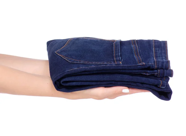 Niebieskie dżinsy w ręce — Zdjęcie stockowe
