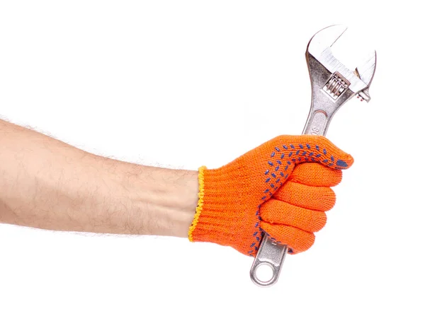 Klucz nastawny w rąk rękawice ochronne budowlane — Zdjęcie stockowe