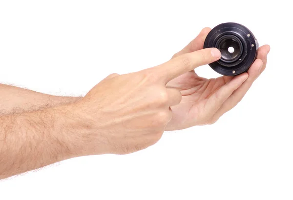 Lens objective in hand — Stock Photo, Image