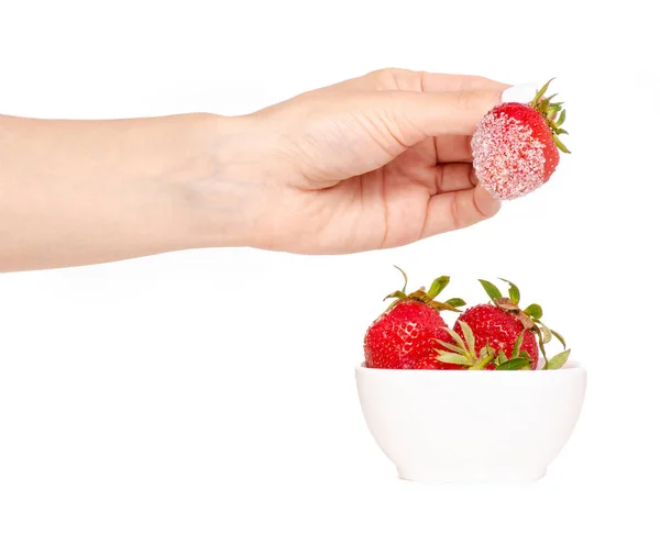 Aardbeien suiker in witte kom in de hand — Stockfoto