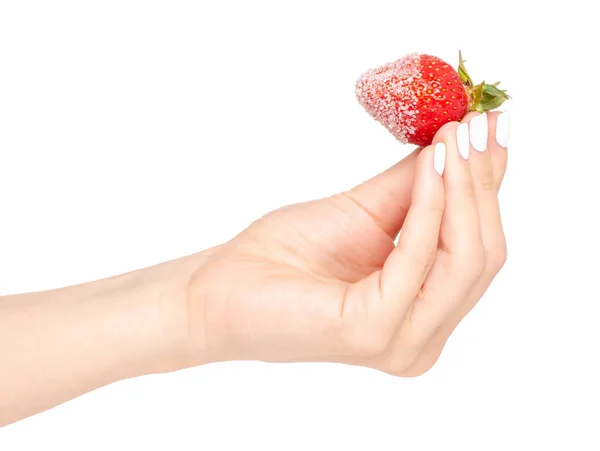 Las fresas en la mano el azúcar — Foto de Stock