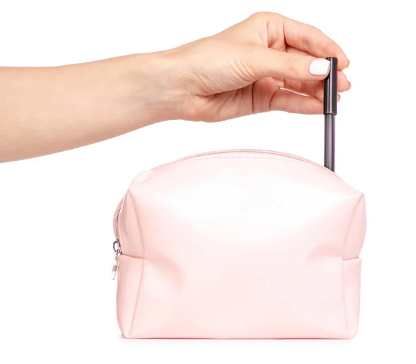 Карандаш женской косметической сумки для косметики для глаз в руке — стоковое фото