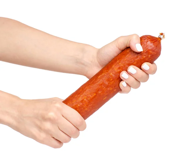 A smoked sausage in hand — Stock Photo, Image