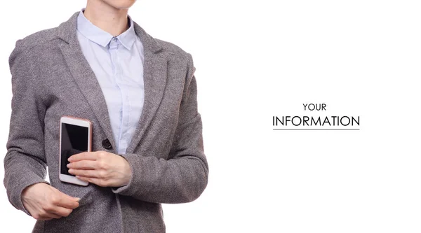 Vrouw in hemd en jas zaken stak in zak een gsm smartphone patroon — Stockfoto