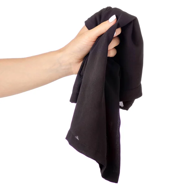 T-shirt preta enrugada em tecido de roupas de mão — Fotografia de Stock