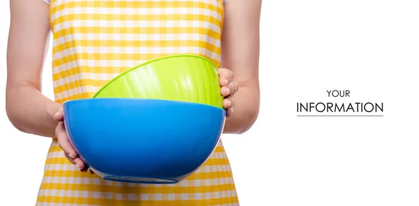 Woman in apron in hands kitchen plastic bowl pattern — Stock Photo, Image