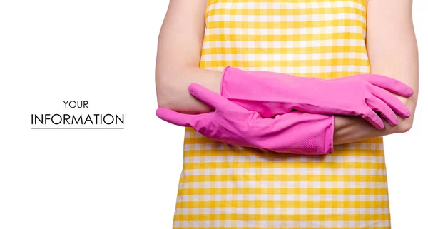 Donna in grembiule nelle mani pulizia dei guanti modello — Foto Stock