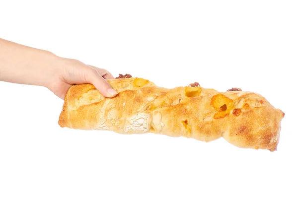 Baguette con queso en la mano —  Fotos de Stock