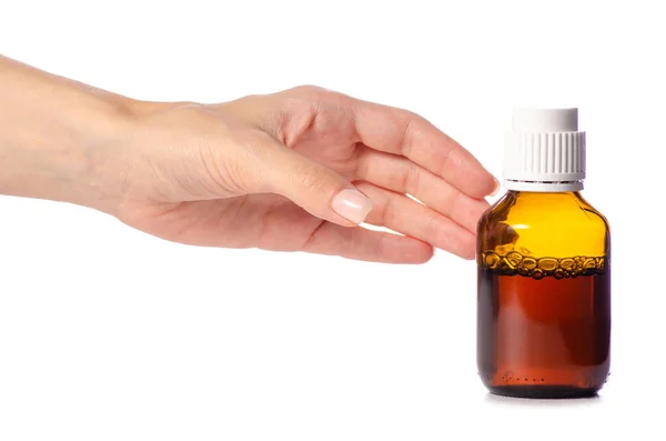 Bottle of syrup in hand medicine — Stock Photo, Image