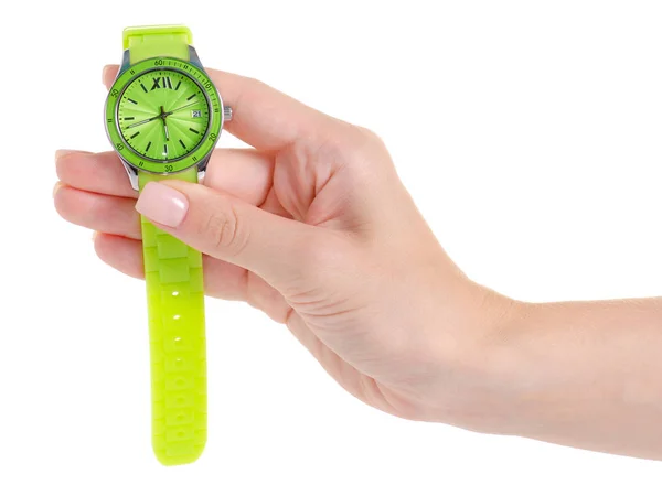 Green clock on a hand — Stock Photo, Image