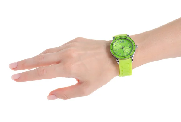 Green clock on a hand — Stock Photo, Image