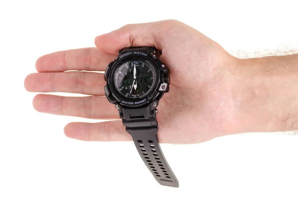 Sports man's watch in hand — Stock Photo, Image