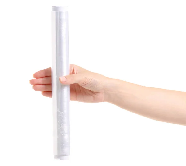 Csomagolás műanyag stretch fólia a kezében — Stock Fotó