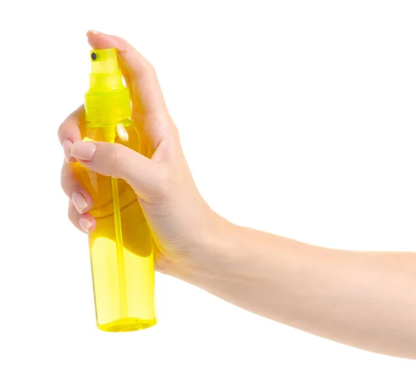 Fles van een lichaam spuiten in de hand — Stockfoto