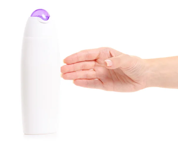 Sticlă albă de cremă de loțiune cu gel de duș în mâini — Fotografie, imagine de stoc