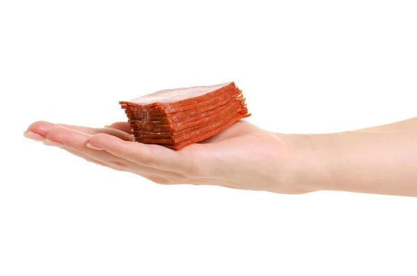 Plakjes vlees rundvlees in de hand — Stockfoto