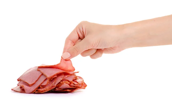 Plastry wołowiny mięso w ręku — Zdjęcie stockowe