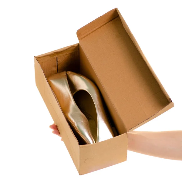 Bir elinde bir kutu içinde kadın ayakkabı — Stok fotoğraf