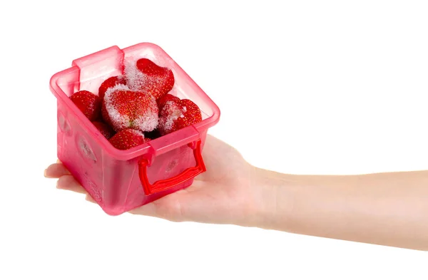 Frozen strawberries in a container in hand — Stock Photo, Image