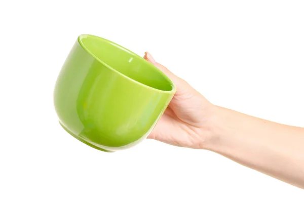 Tazza verde tazza in mano — Foto Stock