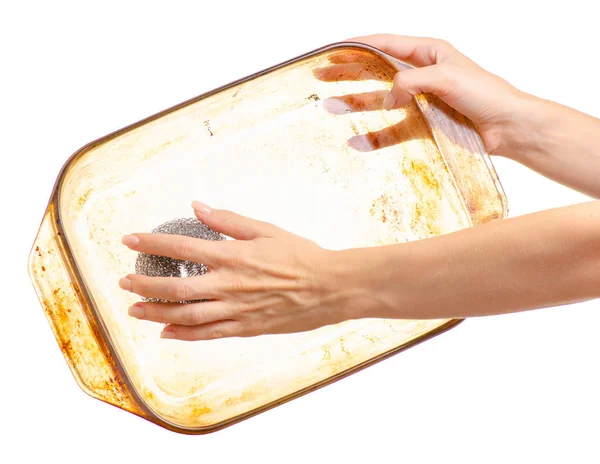 여자는 설거지 기름기 더러운 유리 금속 부엌 스폰지와 함께 — 스톡 사진