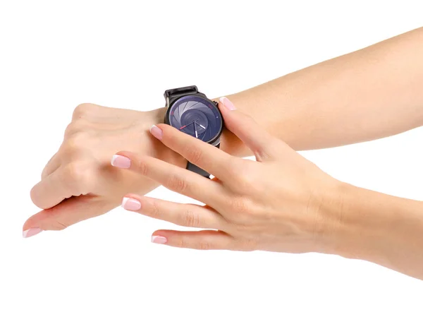 Female black watch on the hand of a rubber bracelet — Stock Photo, Image