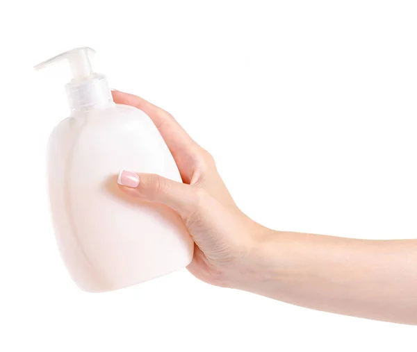 Garrafa de sabão branco com dispensador na mão — Fotografia de Stock