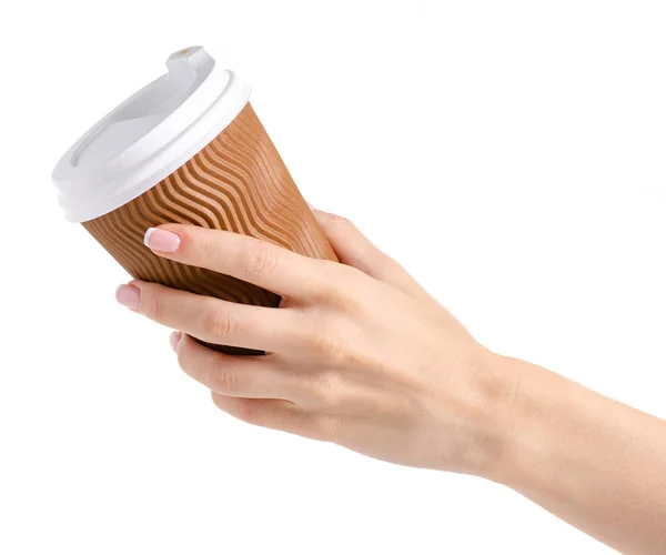 Kopje koffie met een deksel in een hand — Stockfoto