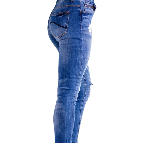 Woman's legs blue denim — Stock Photo, Image