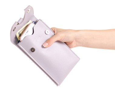 Belgeler ve elinde cep telefonu para pasaport için kadın çanta