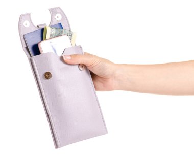 Belgeler ve elinde cep telefonu para pasaport için kadın çanta