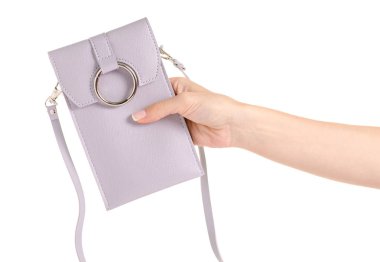 Küçük gri kadın elinde cep telefonu akıllı telefon için durum çanta