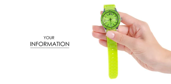 Orologio verde su un modello di mano — Foto Stock