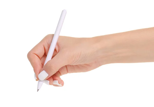 Weißer Stift Der Hand Auf Weißem Hintergrund — Stockfoto