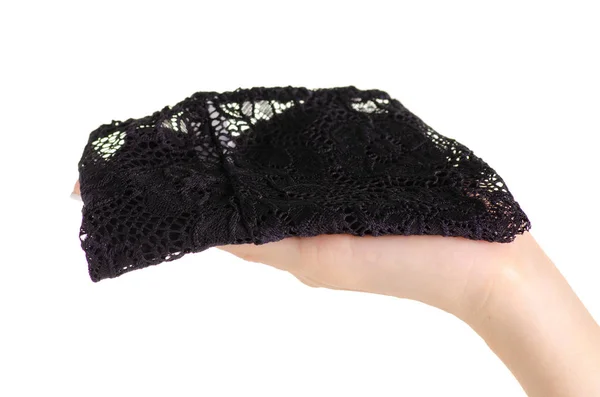 La culotte féminine noire en dentelle à la main — Photo