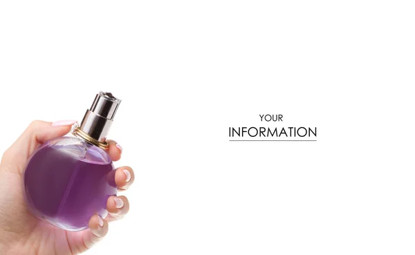 Uma garrafa de perfume feminino no padrão da mão — Fotografia de Stock